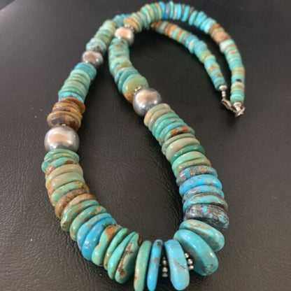 Navajo Blue Green Turquoise Necklace | Sterling Silver | Authentic Native American | 22" | Graduated | 11899