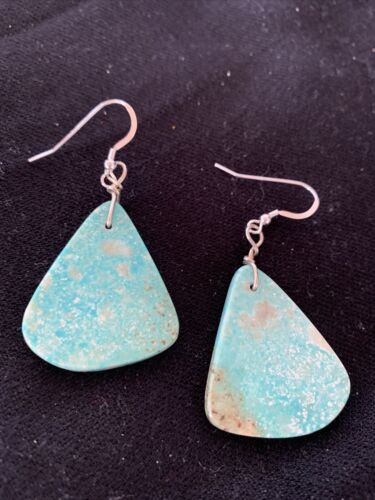 Southwestern Navajo Slab Turquoise Dangle Earrings | Sterling Silver | Authentic Native American Handmade | 1323