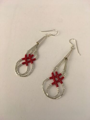 Native American Red Coral Heishi Tube Dangle Earrings | Sterling Silver | 2" | 8877