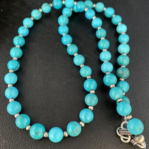 Navajo Blue Turquoise Round Bead Necklace | Sterling Silver | 21" | Authentic Native American Handmade | 13803