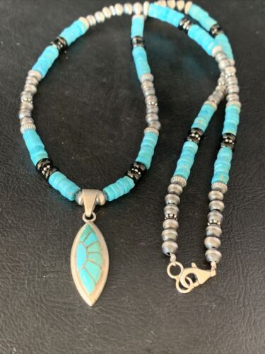 Navajo Inlay Blue Turquoise Onyx Inlay Pendant Necklace | Sterling Silver | Authentic Native American Handmade | 13797