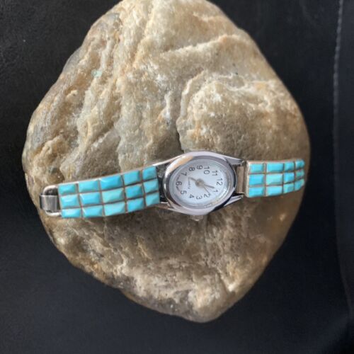 Navajo Sterling Silver Watch Tips with Turquoise Corn Inlay Band | Authentic Native American Jewelry | 13694