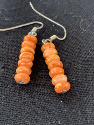Native American Navajo Orange Spiny Oyster Bead Earrings | Sterling Silver | 13057