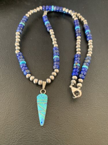 Men's Navajo Pendant | Blue Lapis Turquoise Opal Sterling Necklace 22" | 13385