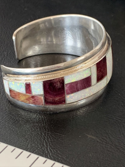 Zuni Purple Spiny Oyster Opal Inlay Cuff Bracelet | Sterling Silver | Authentic Native American Handmade | 12094