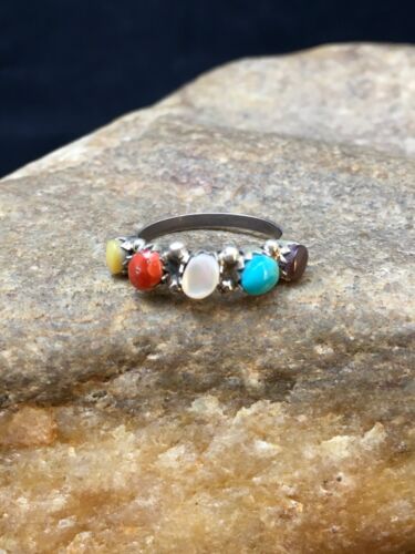 Zuni Blue Opal, Coral, Turquoise Multi-Stone Ring | Authentic Native American Sterling Silver | Multi-Stone | Sz 6.25 | 2501