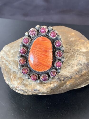 Navajo Spiny Oyster Cluster Ring | Authentic Native American Sterling Silver | Multi-Stone | Purple Orange | Sz 8 | 11513
