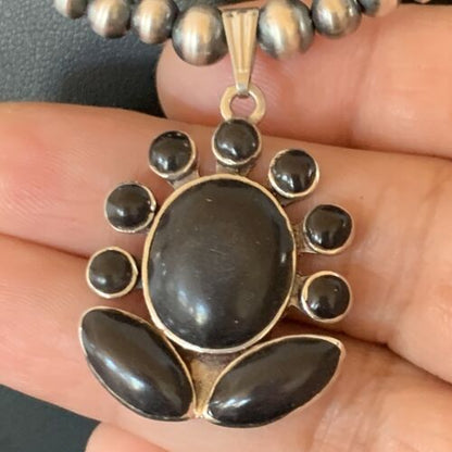 Navajo Pearl Black Onyx Necklace with Pendant | Sterling Silver | 22" | Authentic Native American Handmade | 12279