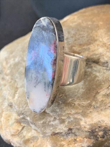 Southwestern Navajo Cinnabrite Ring | White Black | Sterling Silver | Sz 7.5 | 1562