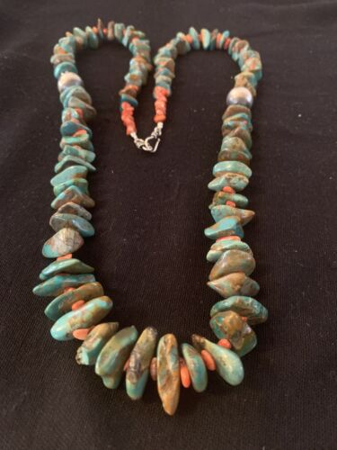 Navajo Green Turquoise & Spiny Oyster  Necklace | Sterling Silver | 26" Graduated | Authentic Native American | 00609