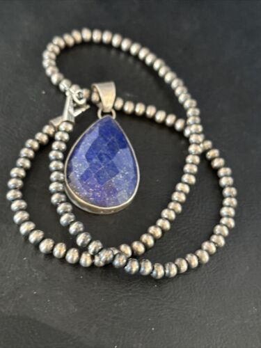 Men's Navajo Pearls Necklace with Faceted Lapis Pendant | Sterling Silver | Authentic Native American Handmade | 14469