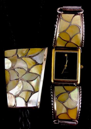 USA Yellow Mother Of Pearls Zuni Old Pawn Sterling Silver Bolo Tie & Watch 3114