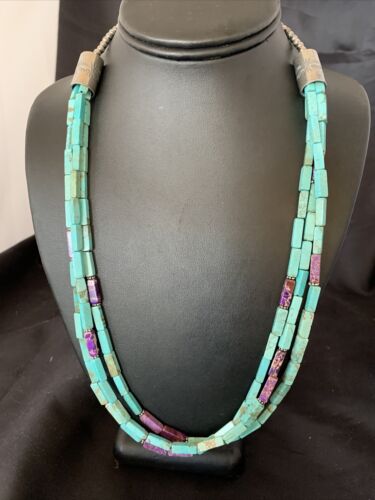 Navajo Blue Turquoise Jasper Bead Necklace | 3-Strand Sterling Silver | 24" | Authentic Native American Handmade | 12512