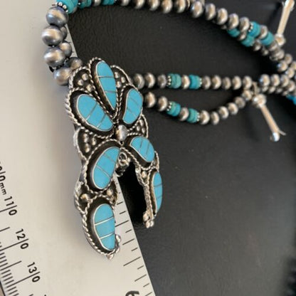 Zuni Sleeping Beauty Turquoise Inlay Necklace | Sterling Silver Squash Blossom | 12232