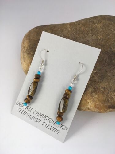 Navajo Turquoise & Tiger's Eye Earrings | Sterling Silver | Authentic Native American Handmade | 8863