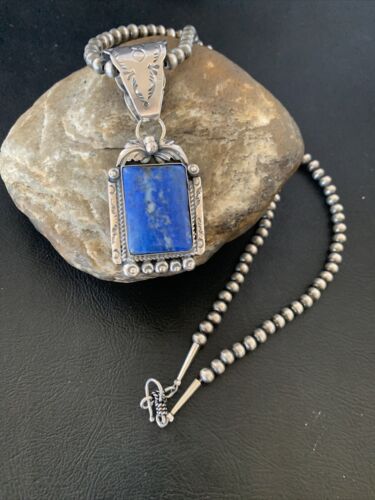 Navajo Denim Lapis Necklace with Pendant | Sterling Silver Pearls | Authentic Native American Handmade | 12440