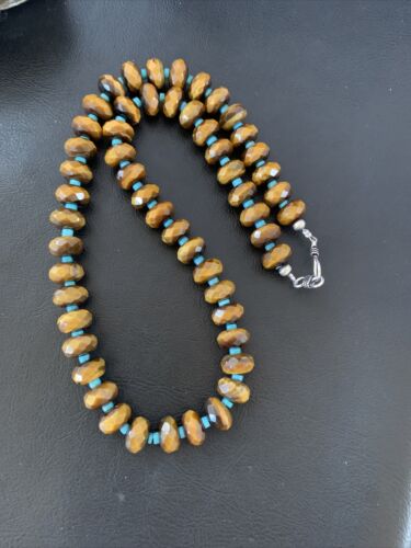 Southwestern Navajo Tigers Eye Necklace with Turquoise | Sterling Silver | 19" | 1496