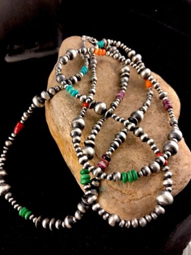 Navajo Pearls Turquoise Coral Bead Necklace | 51" Single Strand Sterling Silver | Southwestern Native American | 8112