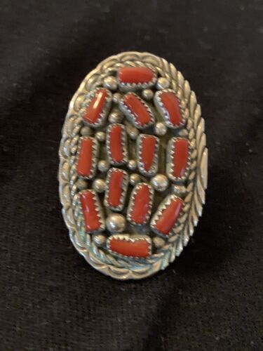 Navajo Red Coral Cluster Ring | Authentic Native American Sterling Silver | Multi-Stone | Sz 6.5 | 02220