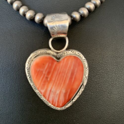 Navajo Red Heart Spiny Oyster Pendant Necklace | Sterling Silver | Authentic Native American Handmade | 13951