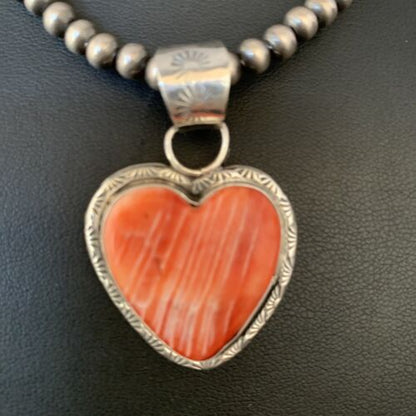 Navajo Red Heart Spiny Oyster Pendant Necklace | Sterling Silver | Authentic Native American Handmade | 13951 - Masha USA