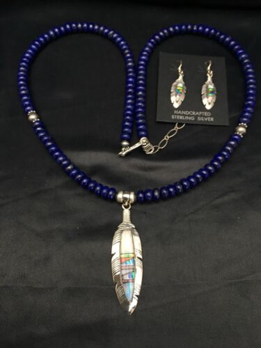 Navajo Opal Feather Multi-Color Lapis Pendant Necklace & Earring Set | Sterling Silver | Authentic Native American Handmade | 2771