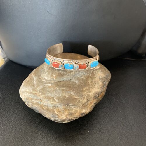 Navajo Sterling Silver Cuff Bracelet | Blue Kingman Turquoise & Coral | 5 Strand | Handmade | 12697