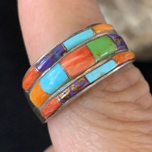 Navajo Multi-Color Turquoise Spiny Oyster Corn Inlay Ring | Sterling Silver | Sz 5.5 | 13853
