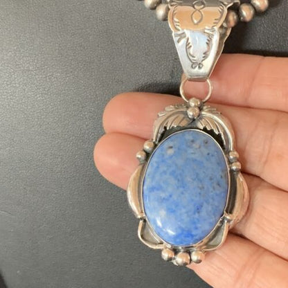 Navajo Denim Lapis Necklace with Pendant | Sterling Silver | Authentic Native American Handmade | 12437