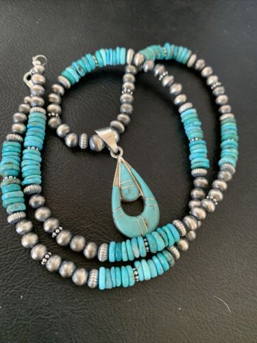 Navajo Pearl Necklace with Blue Turquoise Inlay Pendant | Sterling Silver | Authentic Native American Handmade | 12501