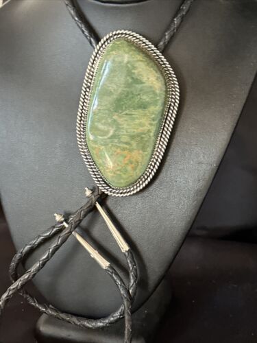 Men's Green Royston Turquoise Bolo Tie | 4" | Sterling Silver | Navajo | Authentic Native American Handmade | 14521