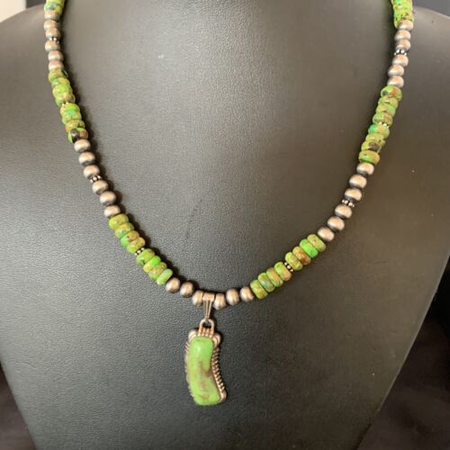 Navajo Green Gaspeite Turquoise Pendant | Sterling Silver | Authentic Native American Handmade | 13272