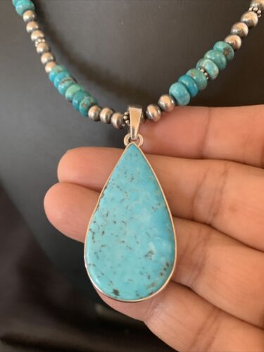 Navajo Pearl Necklace with Blue Kingman Turquoise Pendant | Sterling Silver | 11690