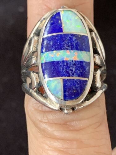 Native American Navajo Lapis & Opal Inlay Ring | Sterling Silver | Sz 7 | 01483 - Masha USA