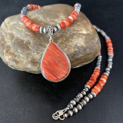 Navajo Red Spiny Oyster Necklace | Sterling Silver Pendant | Men's Women's | Authentic Native American Handmade | 13814