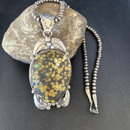 Navajo Green Spiderweb Turquoise Pendant Necklace | Sterling Silver Beads | Authentic Native American Handmade | 14806