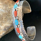 Navajo Blue Kingman Turquoise Coral Cuff Bracelet | 7 Strand | Sterling Silver | 12315