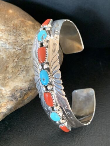 Navajo Blue Kingman Turquoise Coral Cuff Bracelet | 7 Strand | Sterling Silver | 12315