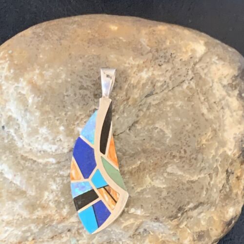 Navajo Spiny Blue Opal Lapis Pendant | Sterling Silver Inlay | Authentic Native American Handmade | 12276