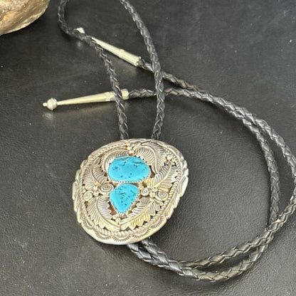 Native American Men's Bolo Tie | Blue Kingman Turquoise | Sterling Silver | Navajo Handmade | 14279