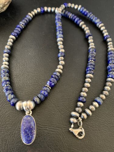 Native American Navajo Blue Lapis Pendant Necklace | Sterling Silver | Authentic Handmade | 12247 - Masha USA