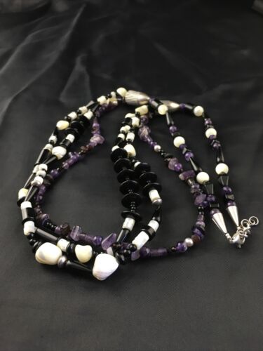 Navajo Black Onyx Mother of Pearl 3-Strand Turquoise Bead Necklace | Sterling Silver | 27" | 10150