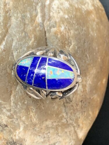 Native American Navajo Lapis & Opal Inlay Ring | Sterling Silver | Sz 7 | 1484
