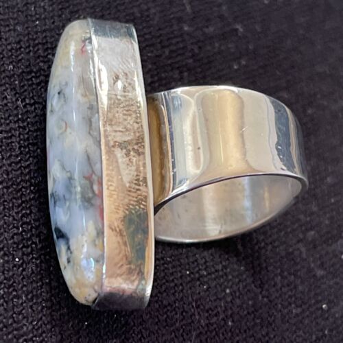Native American Men's Cinnabrite Ring | White Black | Sterling Silver Handmade | Sz 7 | 01567