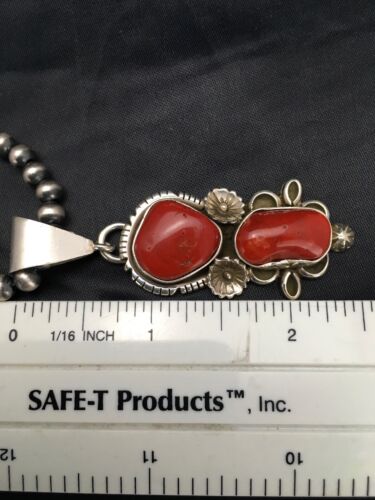Navajo Red Coral Pendant Necklace | Sterling Silver | Authentic Native American Handmade | 2581