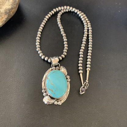 Navajo Pearl Blue Kingman Turquoise Necklace Pendant | Sterling Silver | Authentic Native American Handmade | 12287