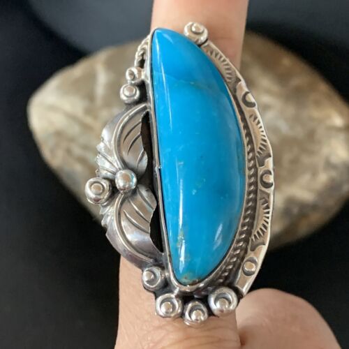 Navajo Blue Kingman Turquoise Ring | Sterling Silver Feather | Sz 9.5 | Authentic Native American Handmade | 10853