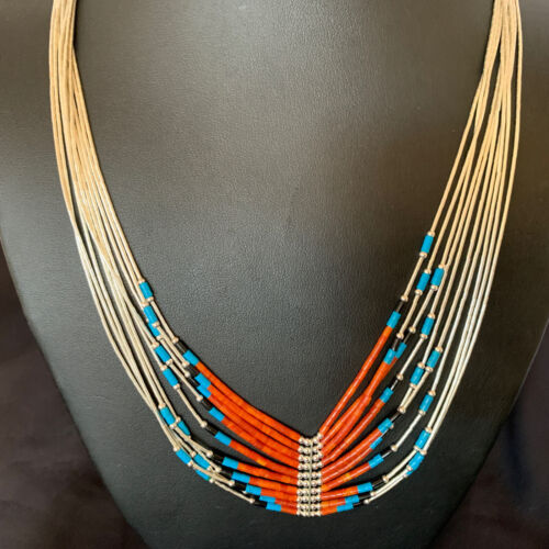 Multi-Color Liquid Silver Heishi Necklace | 10 Strand Sterling Tubes | Native American Handmade | 12300