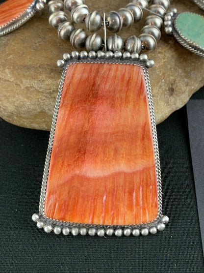 Navajo XL Spiny Oyster Squash Blossom Necklace | Sterling Silver Turquoise | Authentic Native American Handmade | 12702
