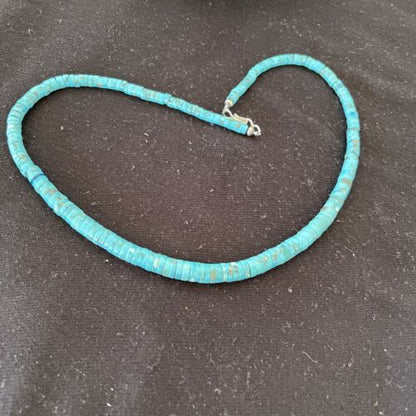 Navajo Blue Turquoise Heishi Necklace with Sterling Silver & Graduated Pearl Stab | Authentic Native American | 17" | 01184